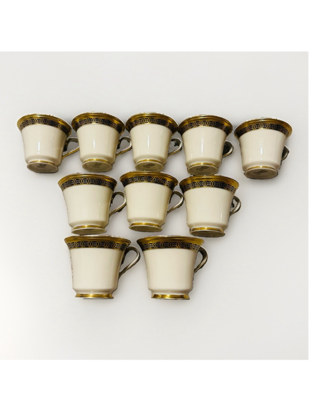 Lot of 10 Lenox Tudor Footed Teacups Cream Blue Gold Geometric Fine China